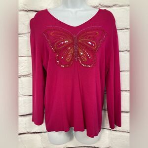 Draper’s & Damon’s Top SZ L Magenta Pink Barbiecore Butterfly Sequin Rayon Nylon